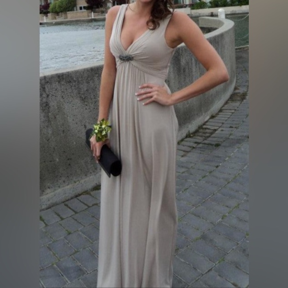 BCBGMaxAzria Taupe Sleeveless V-Neck Maxi Dress with Embellished Empire Waist